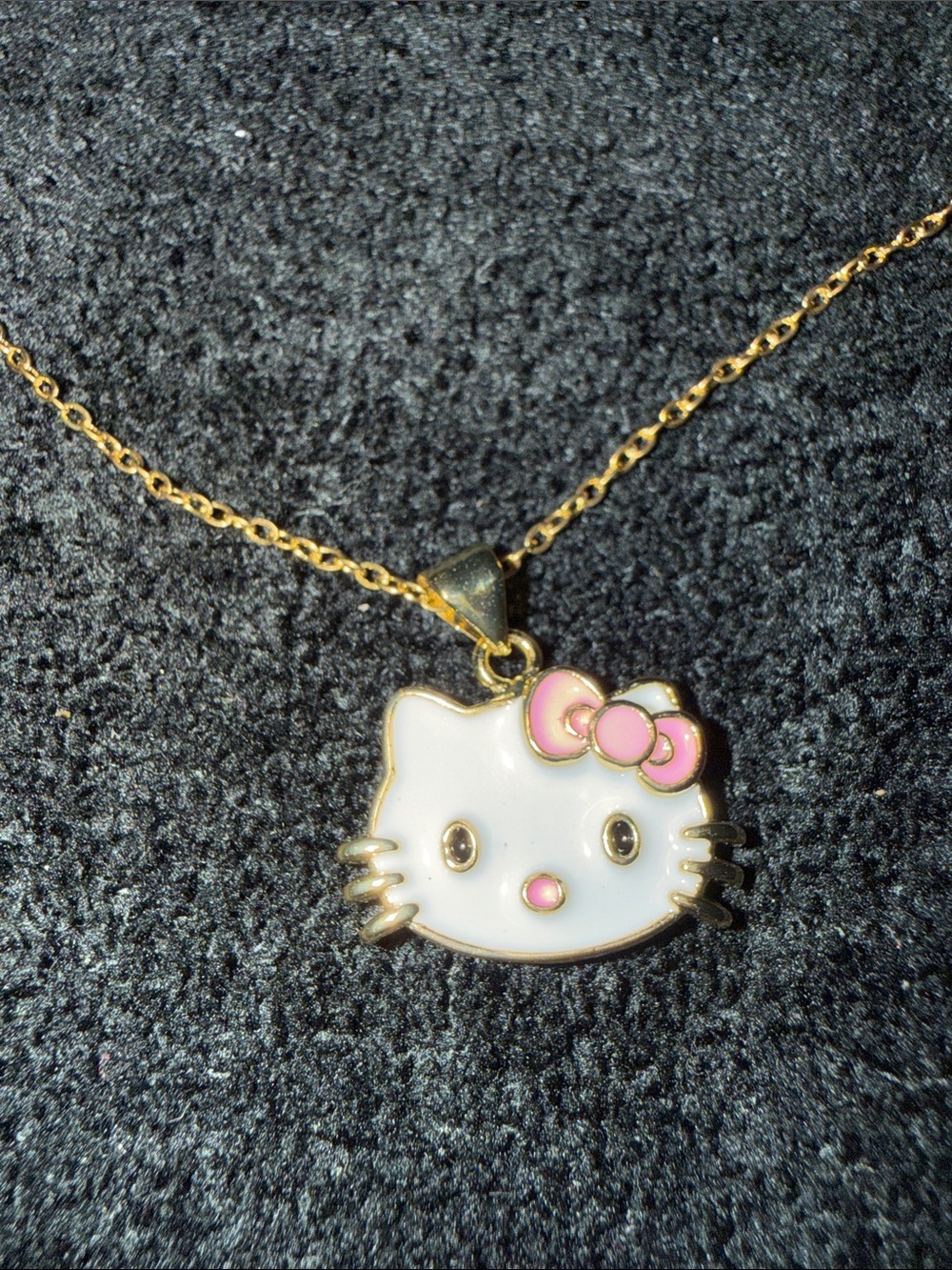 Gold-Tone Enamel Cat Face Pendant Necklace in White and Pink Steel